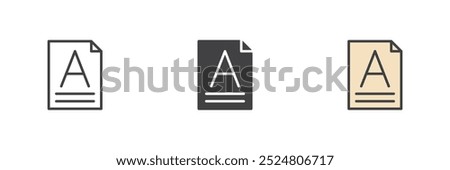 Letter A on a paper different style icon set. Line, glyph and filled outline colorful version, outline and filled vector sign. Text font symbol, logo illustration. Vector graphics