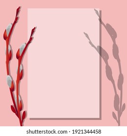 A letter on a pink background with red branches. Vector illustration. Spring mockup is suitable for greetings, invitations, flyers, promotions