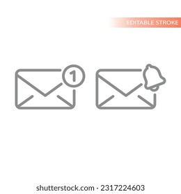 Carta con un conjunto de iconos de notificación de timbre y uno. Iconos de contorno, correo electrónico o contorno de correo.