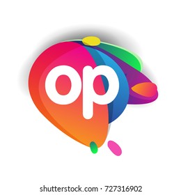 Letter OP logo with colorful splash background, letter combination logo design for creative industry, web, business and company.