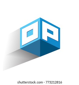 Letter OP logo in hexagon shape and blue background, cube logo with letter design for company identity.
