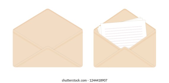 Letter in open beige envelope, clean sheets of paper. The empty envelope.  Notepad lined pages. Flat icon. Vector illustration. Isolated on white background. Horizontal orientation.