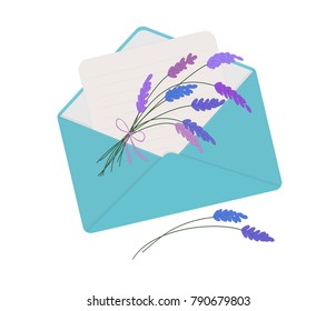 Letter in open blue envelope with bouquet of lavender. Perfect for your romantic concept, Valentine's Day, congratulations, recognition, as element design greeting card. Vector illustration.