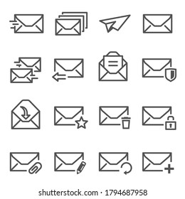 Letter, open, closed envelope line icons set isolated on white. Mail with cup, arrow, star, pencil, clip, lock, shield pictograms collection. Security, paper plane vector elements for infographic, web