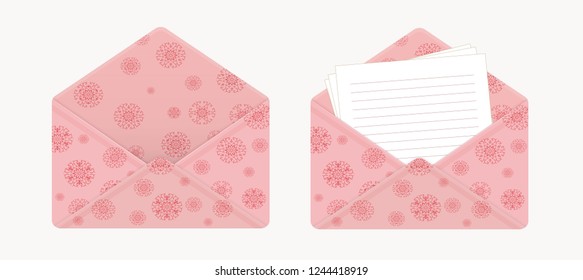 Letter in open pink envelope with red snowflakes, clean sheets of paper. Empty envelope. Notepad lined pages. Vector illustration isolated on white background. Horizontal. Christmas pattern. Flat icon
