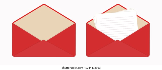 Letter in open red envelope, clean sheets of paper. The empty envelope. Notepad lined pages. Flat icon. Vector illustration. Isolated on white background. Horizontal orientation.