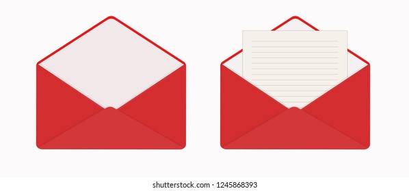 Letter in open red envelope, clean sheet of paper. The empty envelope.  Notepad lined page. Flat icon. Vector illustration. Isolated on white background. Horizontal orientation.