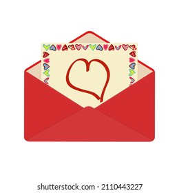 Letter in open red envelope on Valentine's Day. Postcard with frame of hearts on yellow background with big red heart inside. Perfect for romantic concept, congratulations, declaration of love.