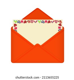 Carta con sobre rojo abierto el día de San Valentín. Postal con marco de corazones sobre fondo amarillo. Perfecto para el concepto romántico, felicitaciones, declaración de amor.
