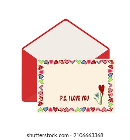 Letter in open red envelope. Postcard with frame of hearts on yellow background with text "P.S. I love you". Perfect for romantic concept, Valentine's Day, congratulations, recognition. 