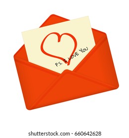 Letter in open red envelope. Postcard with heart and  message: P.S. I love you. Valentine letter, flat icon. Declaration of love. Vector illustration. Isolated on white background. Square location.