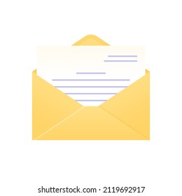 Letter in the opened envelope. Receive email icon isolated on white background. Design template for communication, mail, business, invitation, celebration concepts