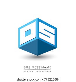 Letter OS logo in hexagon shape and blue background, cube logo with letter design for company identity.
