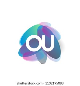 Letter OU logo with colorful splash background, letter combination logo design for creative industry, web, business and company.