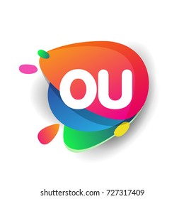 Letter OU logo with colorful splash background, letter combination logo design for creative industry, web, business and company.