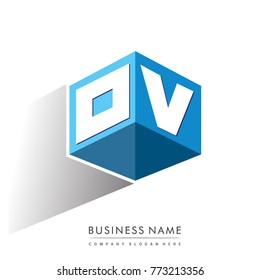 Letter OV logo in hexagon shape and blue background, cube logo with letter design for company identity.
