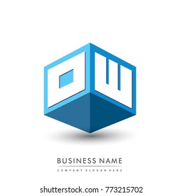 Letter OW logo in hexagon shape and blue background, cube logo with letter design for company identity.
