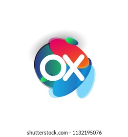 Letter OX logo with colorful splash background, letter combination logo design for creative industry, web, business and company.