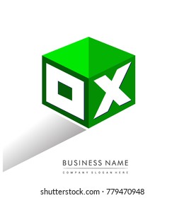 Letter OX logo in hexagon shape and green background, cube logo with letter design for company identity.
