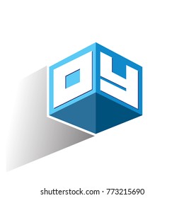 Letter OY logo in hexagon shape and blue background, cube logo with letter design for company identity.
