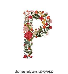 Letter P - 16 letter of the alphabet. Vector hand-drawn monogram composed of flowers, branches and leaves on a white background.