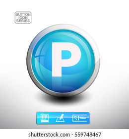 Letter P in 3D Glossy Blue Button for web Icon, Education Icon and Alphabet Icon. Vector Illustration