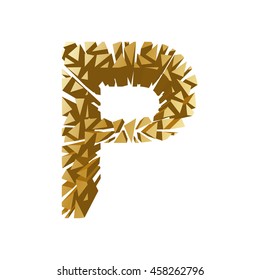The letter P, in the alphabet broken 3d perspective set gold color isolated on white background