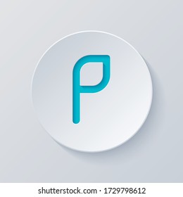 Letter P of alphabet, isolated outline symbol. Cut circle with gray and blue layers. Paper style