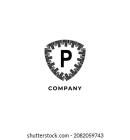 Letter P Alphabet Logo Design Template isolated on white background. Town shield illustration. Insurance, Security, Protection Logo Concept. 