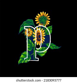 Letter p in Alphabet With Summer Themed Sunflower