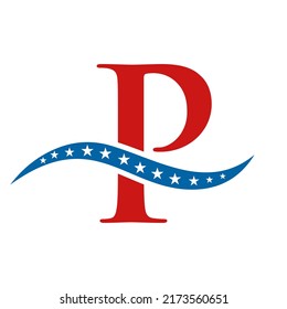 Letter P America Logo USA Flag. Patriotic American Business Logo Design On Letter P Template