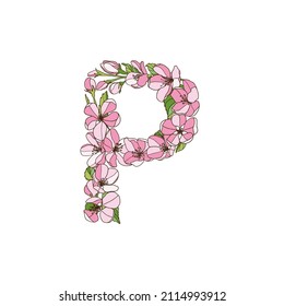 Letra P de flores de manzano. Alfabeto vectorial