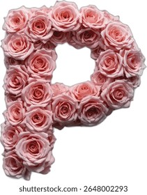 The letter "P" is artistically formed using a multitude of light pink roses, creating a visually appealing and unique representation of the alphabet.