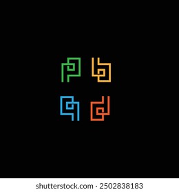 Letter P, B, Q and D logos set with different colors on black background. 