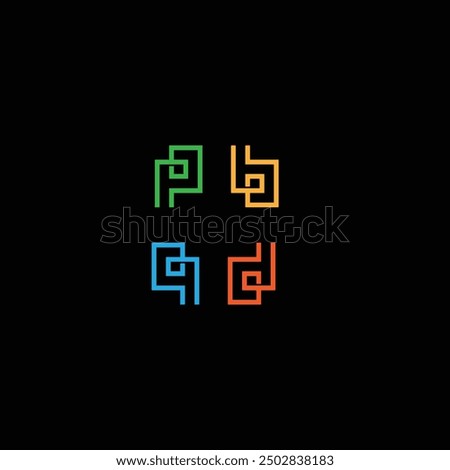 Letter P, B, Q and D logos set with different colors on black background. 