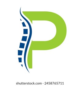 Letter P Backbone Logo Concept For Healthcare Symbol. Back Pain Sign