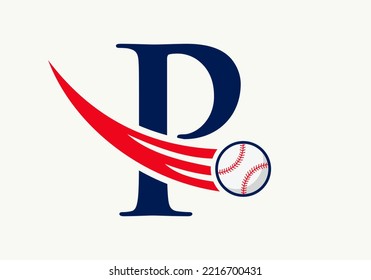 Letter P Baseball Logo Concept With Moving Baseball Icon Vector Template