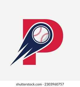 Carta P Concepto de logotipo de béisbol con plantilla de vectores de iconos de béisbol en movimiento