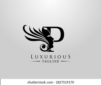 Letter P with Beauty Face. Luxury Logo. Alphabetical Symbol for wedding, greeting cards, invitations, salon, spa, template design.