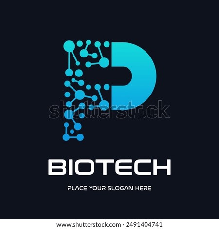Letter P biotechnology vector logo template. This logo use molecule symbol. Suitable for biology and chemistry.