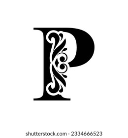 letter P. Black flower alphabet.  Beautiful capital letters.