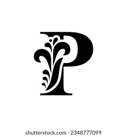 letter P. Black flower alphabet.  Beautiful capital letters.