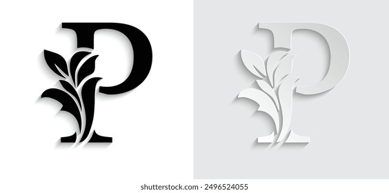 letter P Black flower alphabet. Beautiful capital letters with shadow