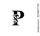 letter P black . flower  letters. Vintage ornament initial Alphabet. Logo vector 
