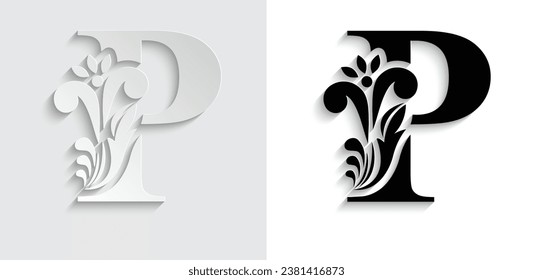 letter P Black and paper flower alphabet. Beautiful capital letters with shadow