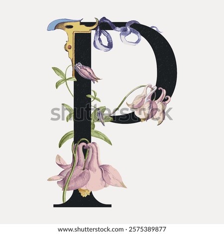 Letter P botanical calligraphic art alphabet, vintage vector element. Floral botanical lettering typography vector element. Vintage floral letter art drawing illustration, old painting art print.