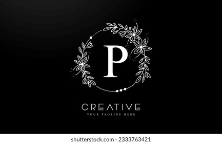 Letter P Botanical Flowers . Initial Wedding Monogram Font Logo. Circle Floral Logo