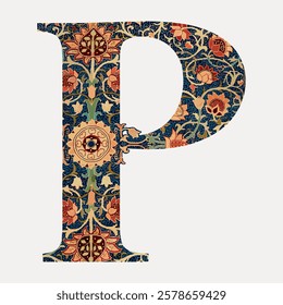 Letter P botanical pattern font, inspired by William Morris, isolated vector element. Vintage botanical patterned font inspired by William Morris. Floral vintage patterned typography vector.