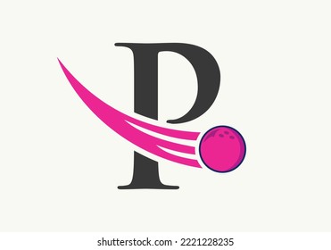 Letter P Bowling Logo. Bowling Ball Symbol With Moving Ball Vector Template