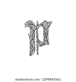 letter P branches hand drawing vector isolated on white background.